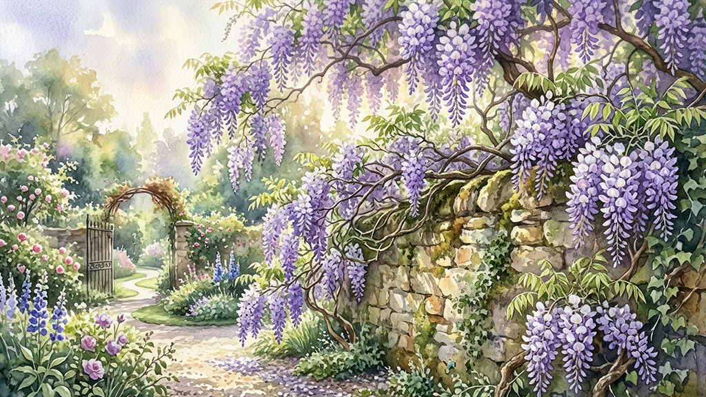 Wisteria flowers acrylic painting in impressionist style