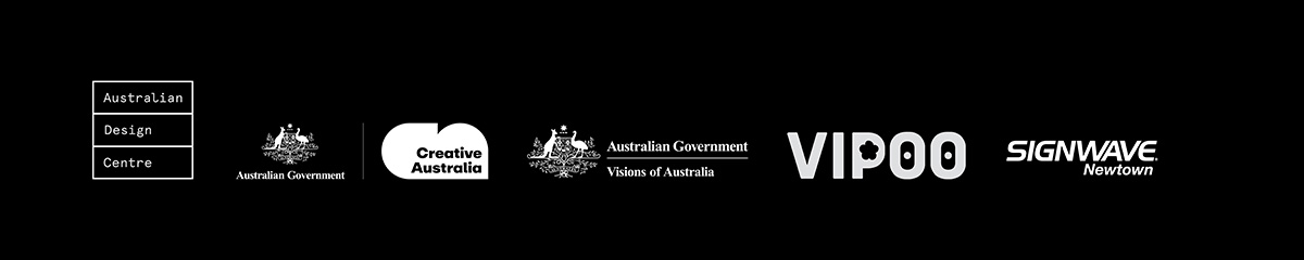 Logo lockup: Australian Design Centre, Creative Australia, VIPOO< Signwave Newtwon